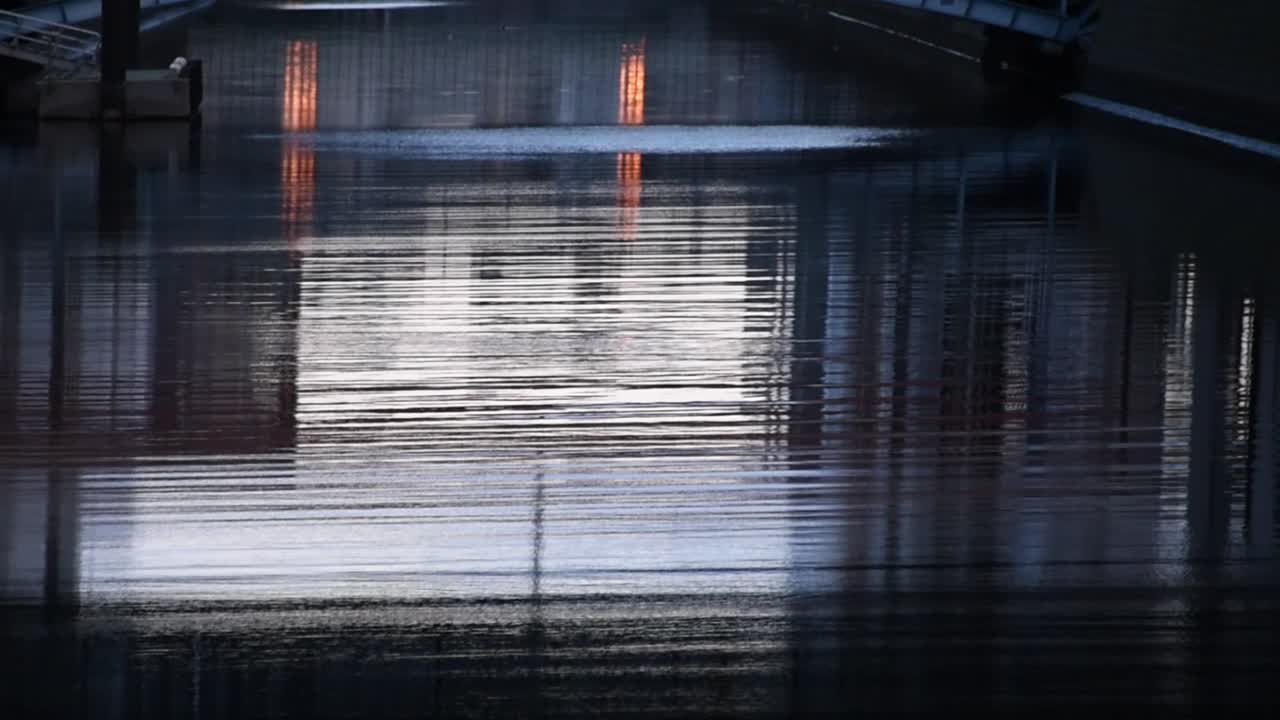 Reflections on calm canal water beneath city bridges in Tokyo at dusk with soft light and urban structure