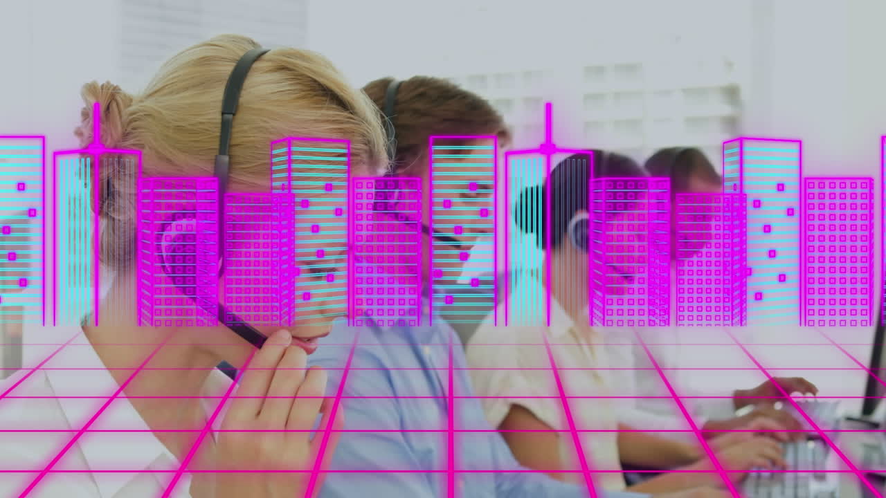 animación del procesamiento de datos sobre personas de negocios que usan auriculares telefónicos