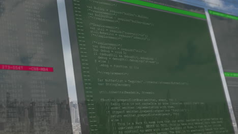 animation of data processing on screen over cityscape background