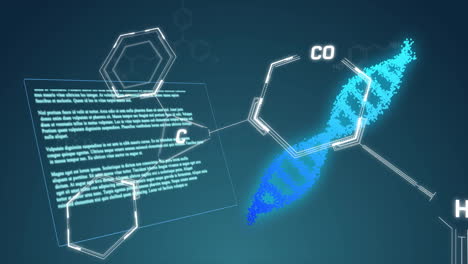 animation of chemical formula over data processing and dna strand