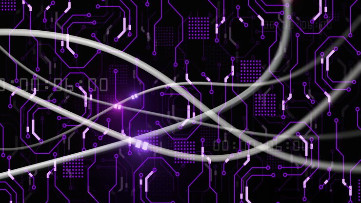 Animation of digital data processing and glowing network of connections on dark background