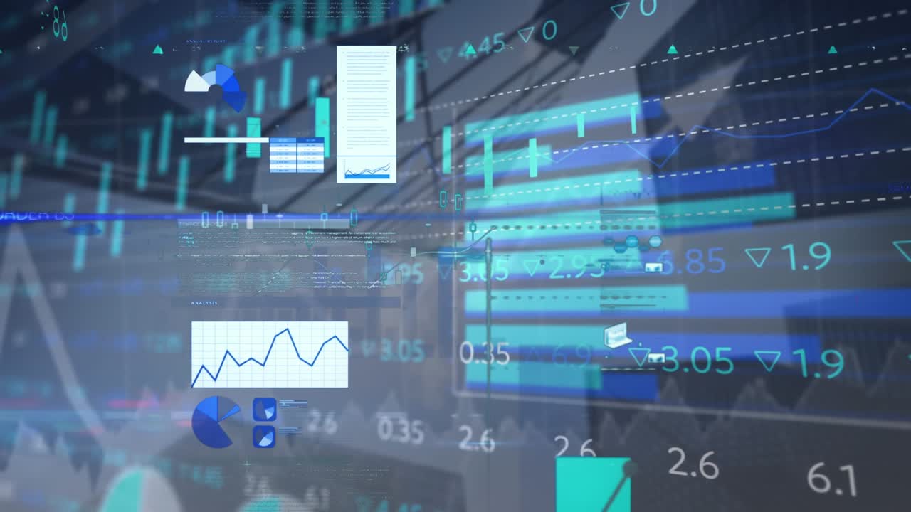 Animation of statistical and stock market data processing against low angle view of tall buildings