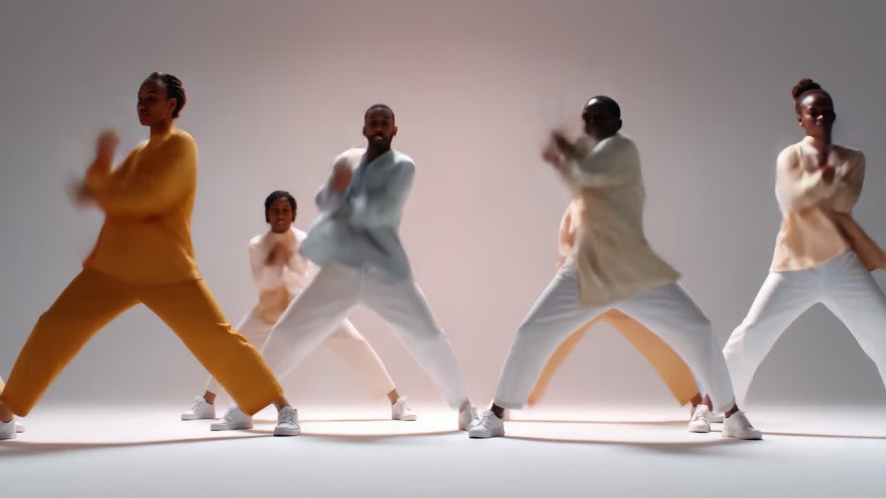 Dynamic Dance Performance Captured in Motion with Seasoned Dancers Showcasing Fluid Movements and Creative Choreography Set Against a Minimalist Background