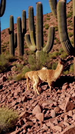 llamas in a desert landscape with cacti