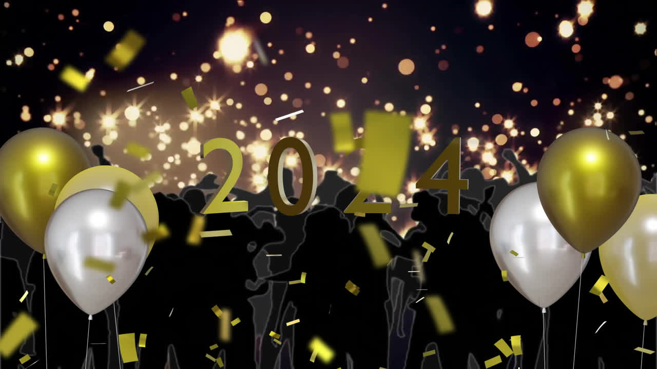 animação de balões de ouro e prata com 2024 em fundo preto