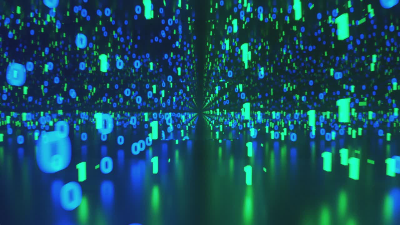 Flying into colorful infinite computer binary program code or data. Green and blue zero and one digits reflecting in infinite mirror. Visual loop which may symbolize infinite dimensions.