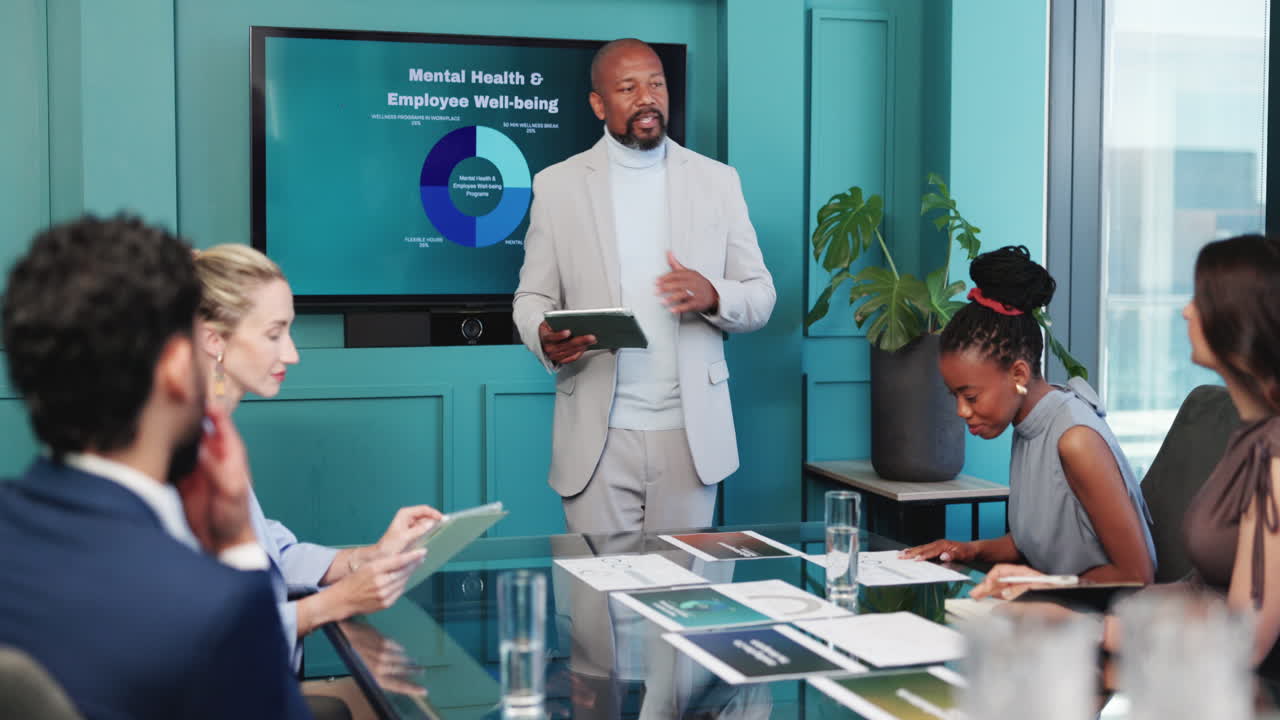 Businessman Giving Presentation on Mental Health and Employee Well-being