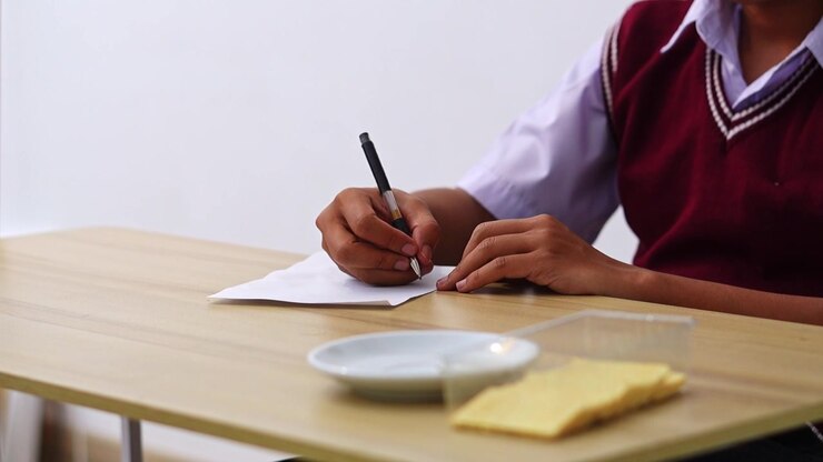 Primo piano delle mani di uno studente che scrivono su un foglio di carta durante una sessione di studio con merende scolastiche.