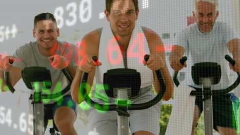 group of three men pedaling exercise bikes in fitness studio, with floating digital workout data
