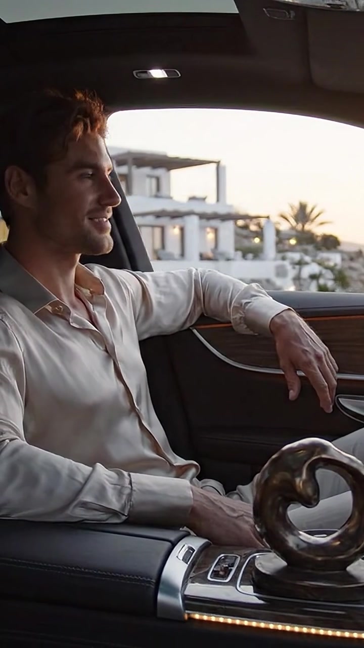 Uomo elegantemente vestito che si rilassa in un'auto di lusso, mostrando viste panoramiche con un'elegante scultura sul cruscotto al tramonto