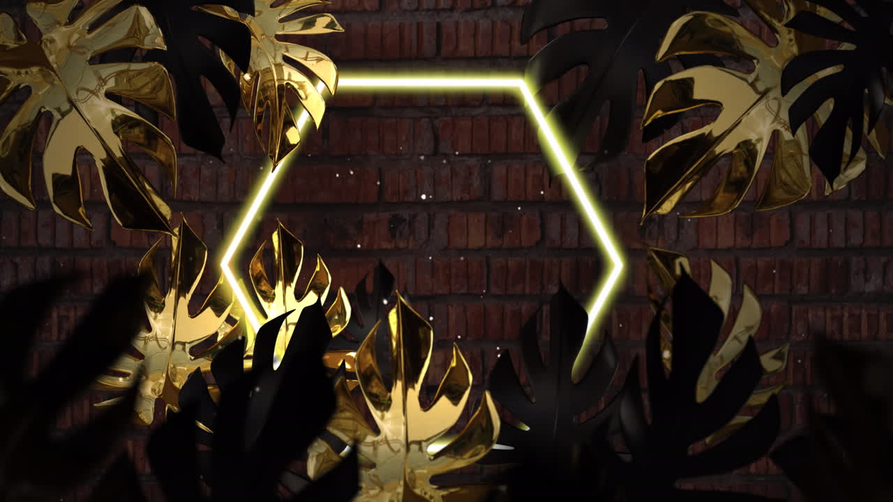 animación de espacio de copia y hexágono de neón sobre hojas y pared de ladrillo