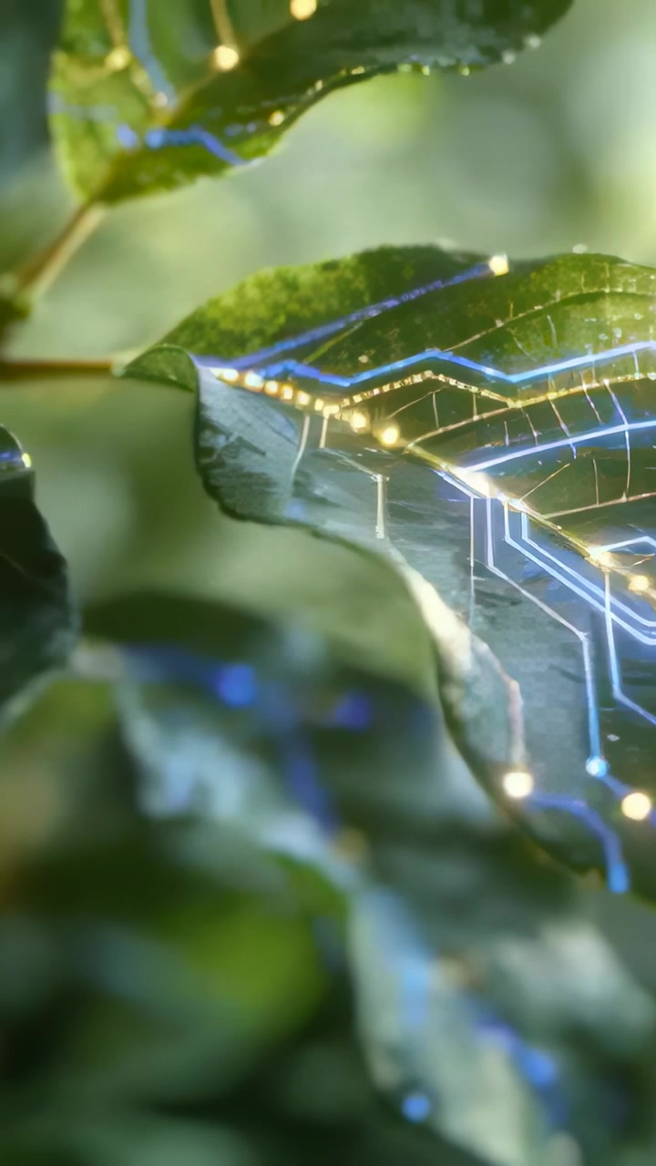 Vertical video: Pulsing green leaf after focus and wind, moving blue gold nodes along veins, garden