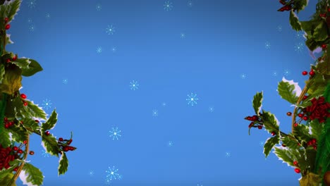 decoración de corona de navidad y iconos de copos de nieve cayendo contra un fondo azul