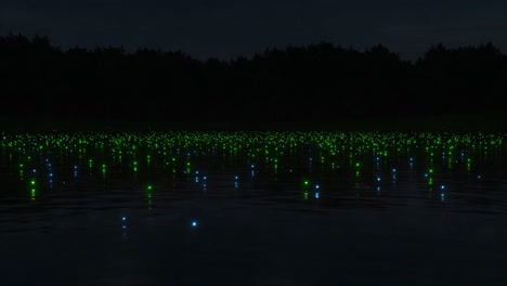 enchanting display of illuminated green and blue lights reflecting on a calm water surface at night amidst a darkened forest landscape