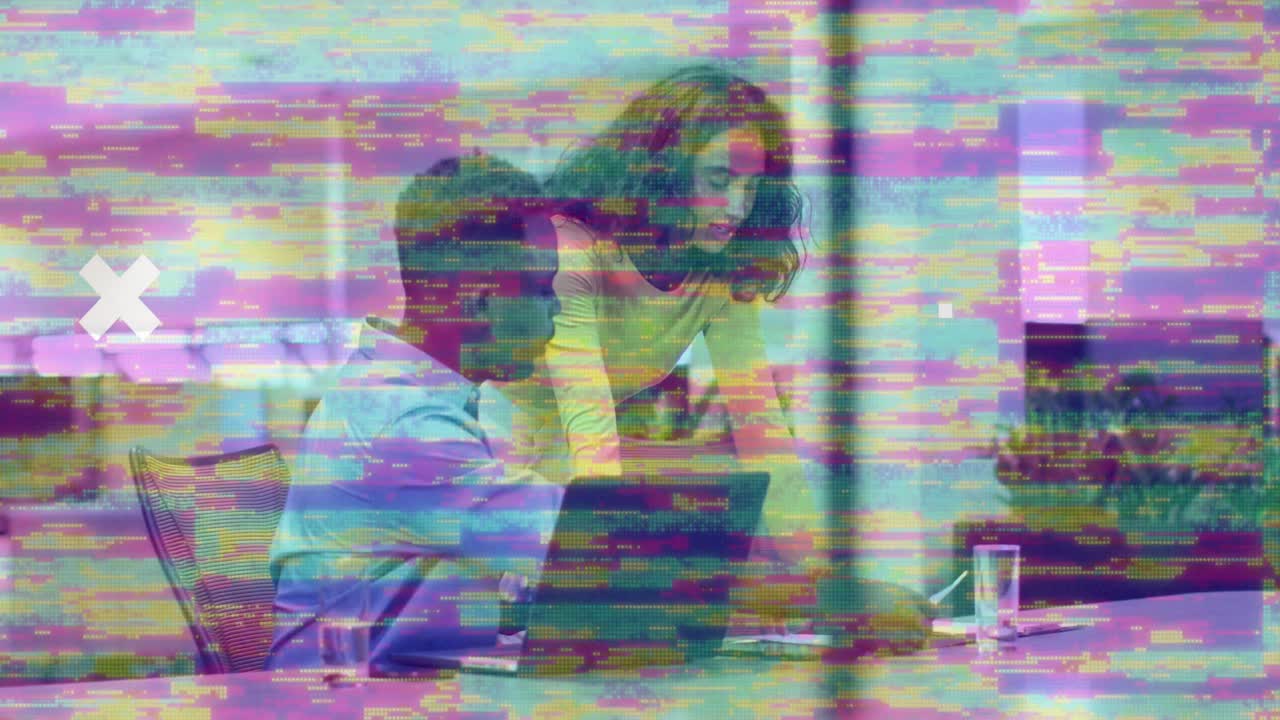 Animation of markers and data processing over diverse business people in office