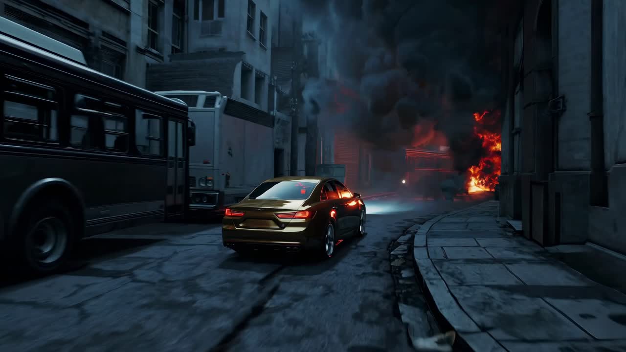 coche conduciendo a través de una explosión en la calle de la ciudad