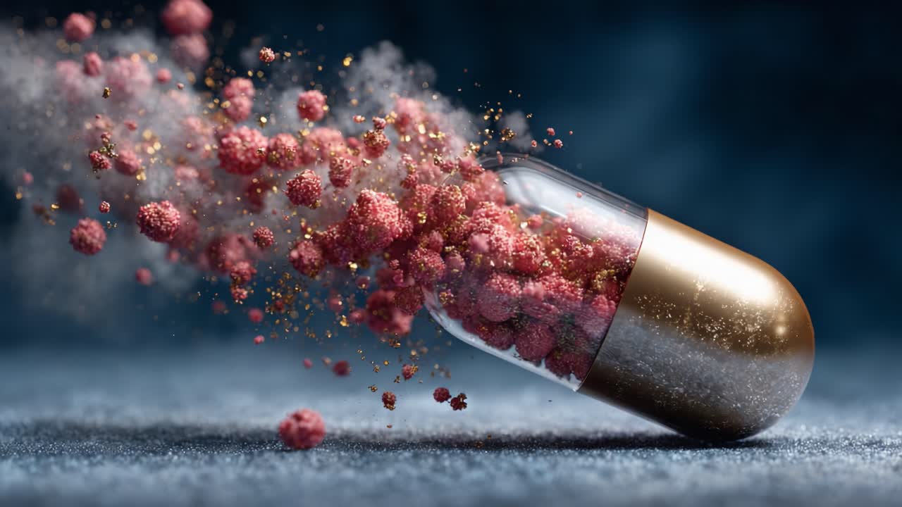 An Artistic Representation of a Capsule Dispersing Colorful Particles and Powder, Capturing the Essence of Vitality and Energy in a Stunning Visual Display