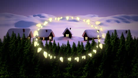 yellow decorative fairy lights against winter landscape with house and trees