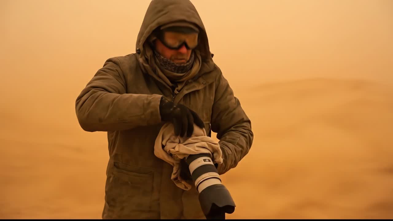 Fotograf renser kamera og tager billeder under en sandstorm i ørkenen