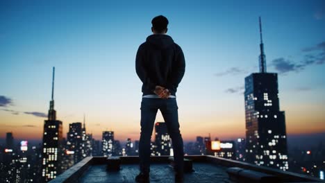 contemplation at dusk: a lone figure stands on a rooftop overlooking a sprawling cityscape, the skyline illuminated by the vibrant hues of twilight as night approaches