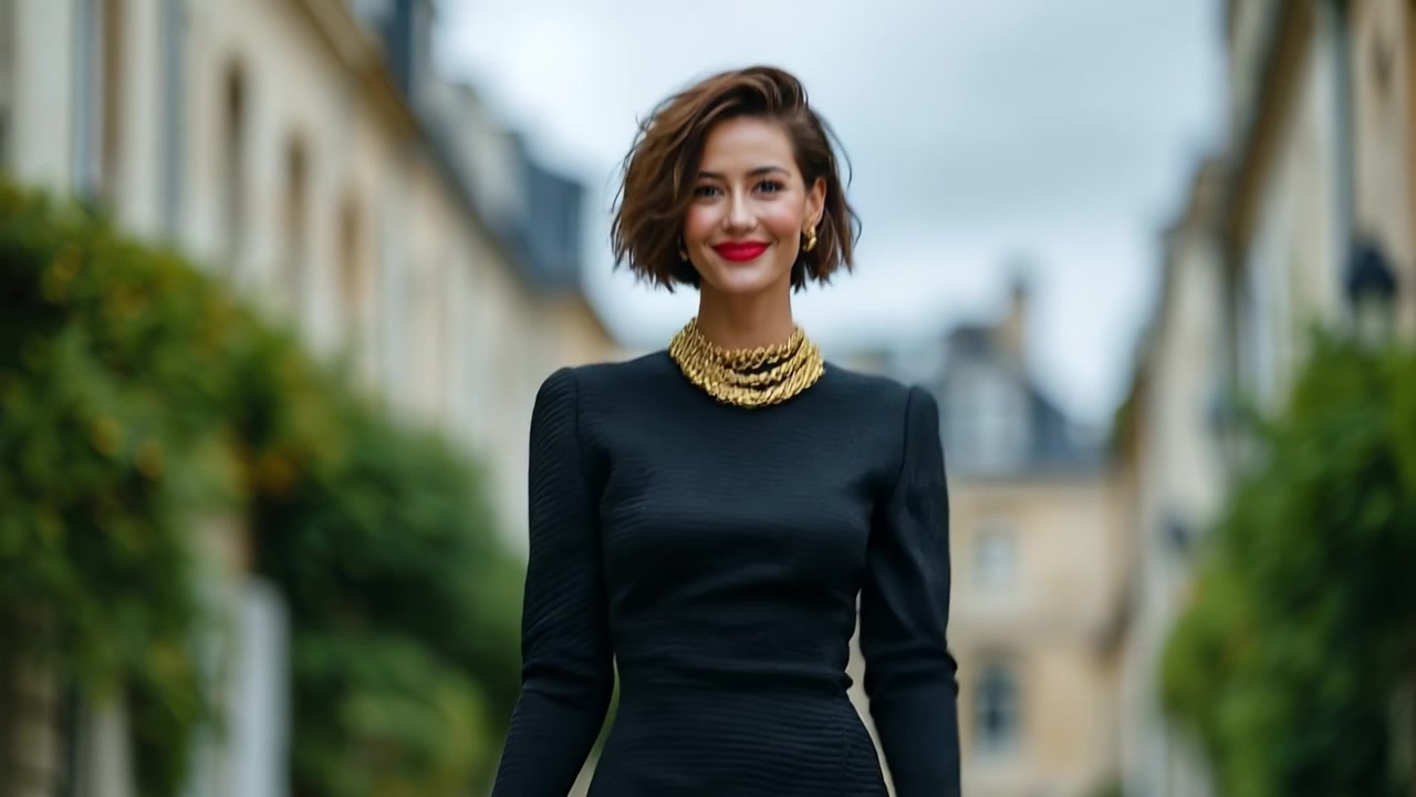 Stylish woman in a black dress and gold jewelry walking on an urban city street