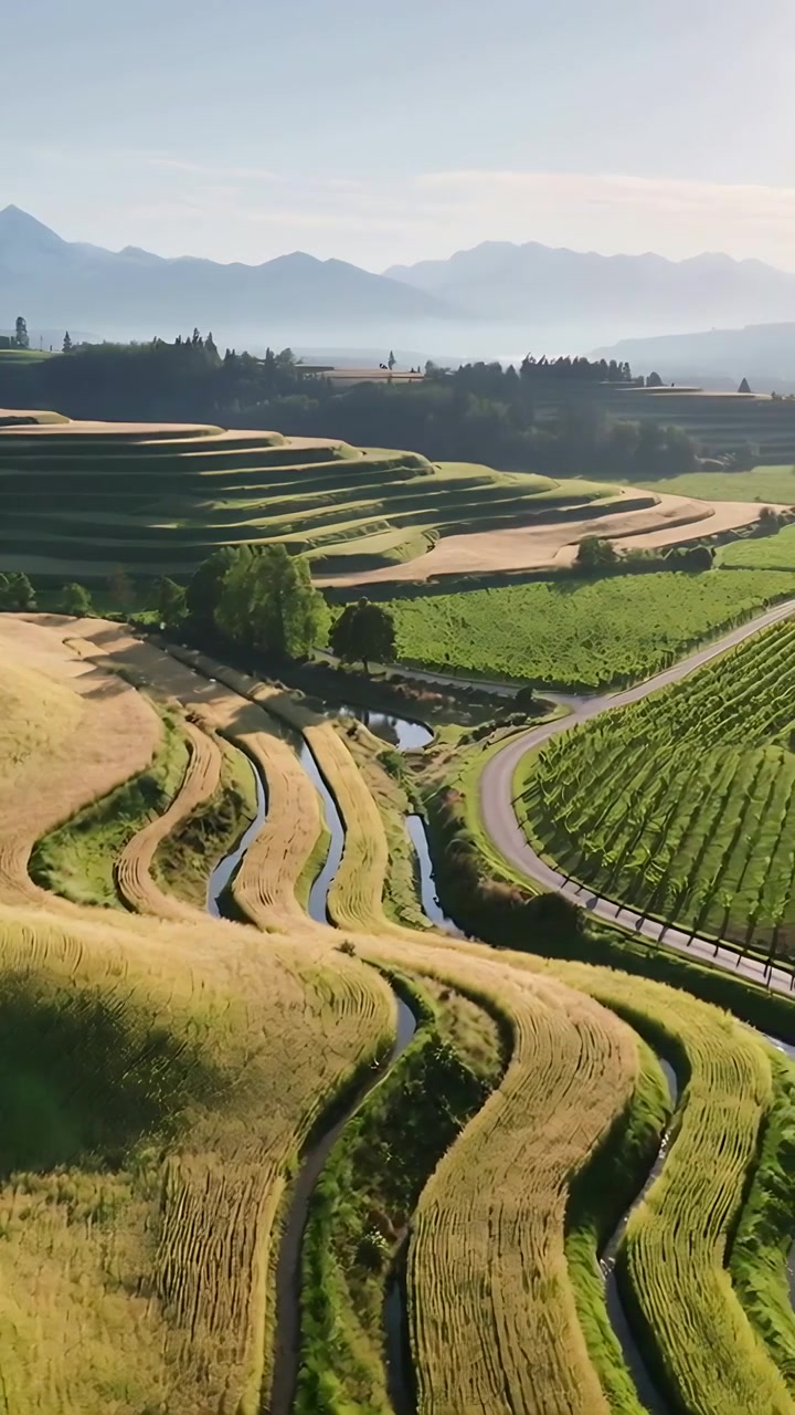 Video verticale: Drone che avanza rivelando campi terrazzati e canali, mostrando filari di viti
