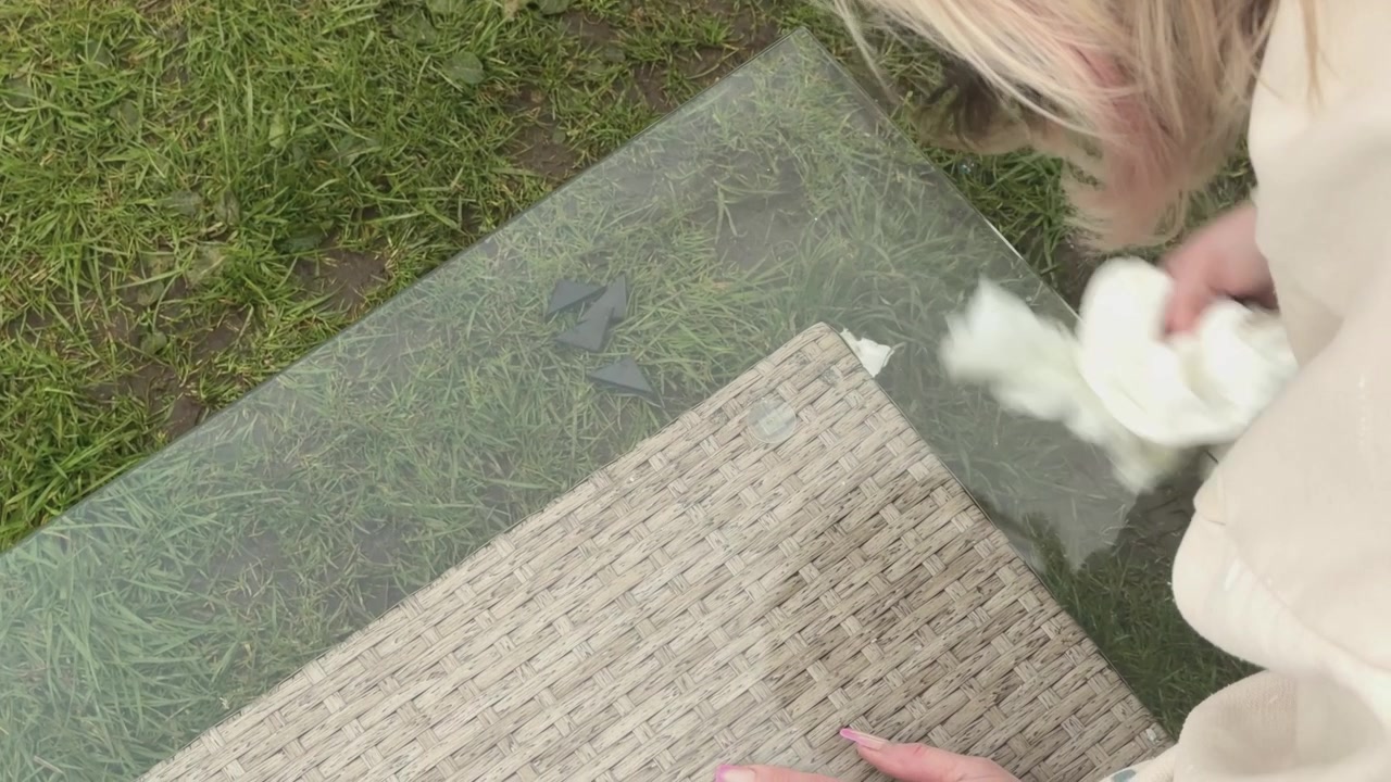 Glass-topped garden table cleaning task, suitable for housework, and home maintenance concepts, top-down close-up view