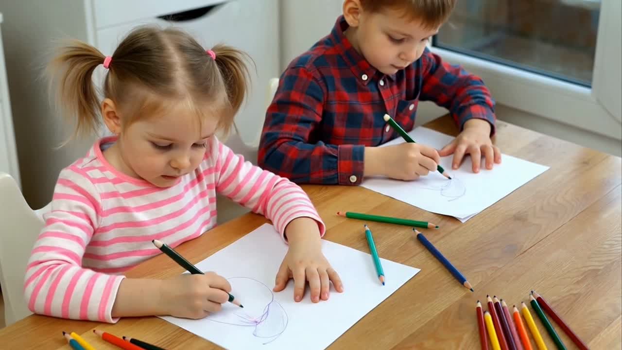 Two Small Children Concentrating on Drawing with Colored Pencils