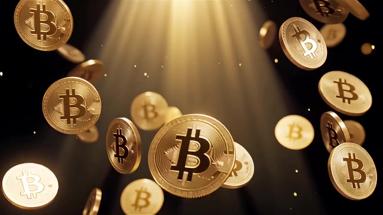 Bitcoin in rotazione su sfondo nero drammatico 4k