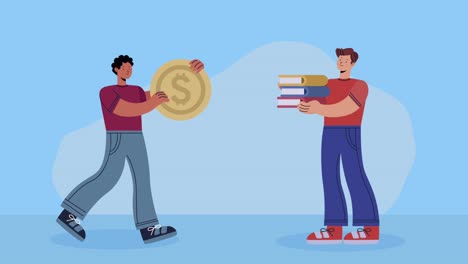 young men with coin and books animation