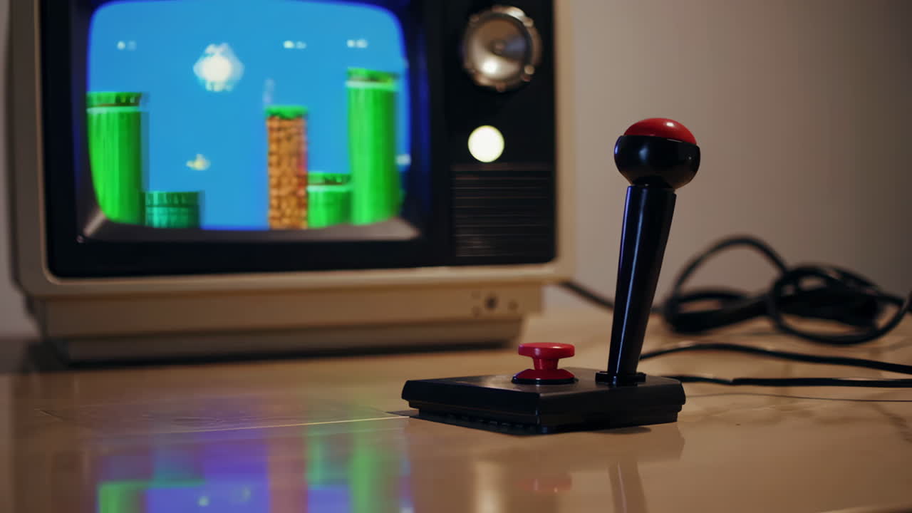 Retro Gaming Console with Joystick and Super Mario Bros. on TV Screen