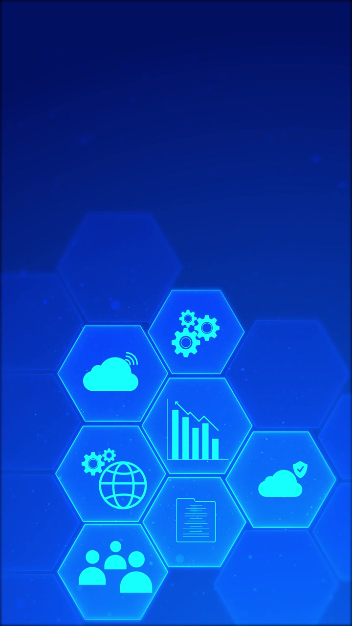 Blue hexagon business icons background with cloud chart document team globe and gear symbols in a