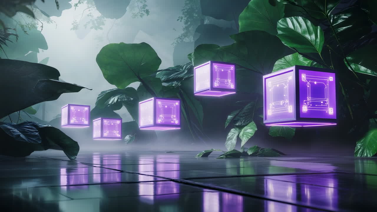 Floating Digital Cubes in a Futuristic Jungle