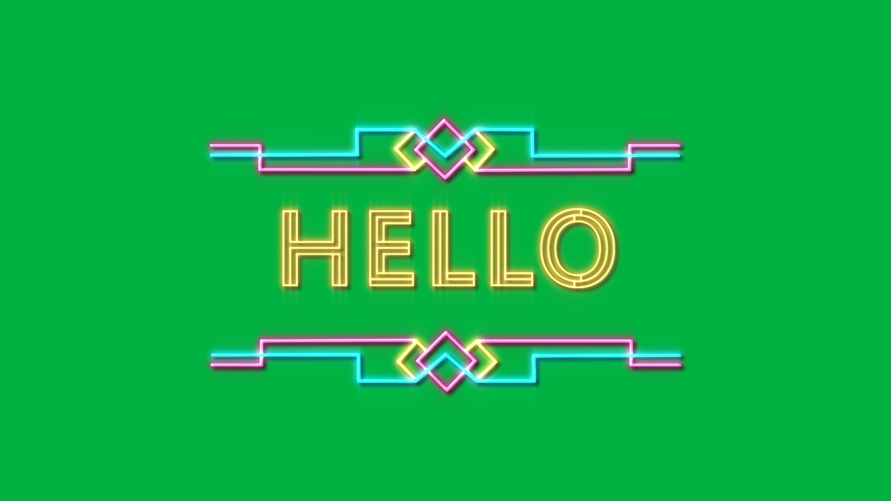 Animation of flickering word hello in yellow neon letters with pattern on white background