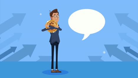 elegante hombre de negocios hablando con moneda dólar