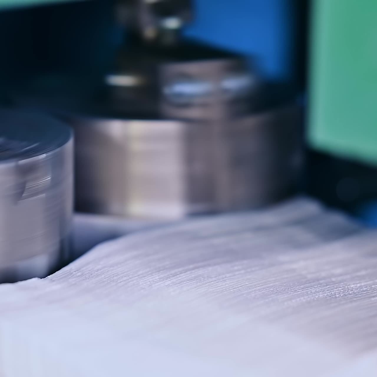 Two metal roller rotating and pushing the tissue for future diapers. Pieces of white cloth laid into a pile on the conveyor line. Diaper manufacturing close up