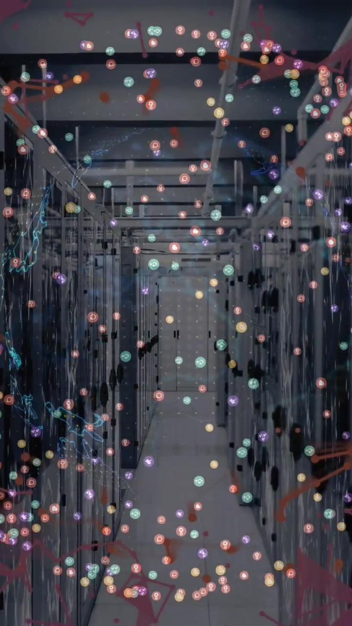Animation of data processing and globe over server room