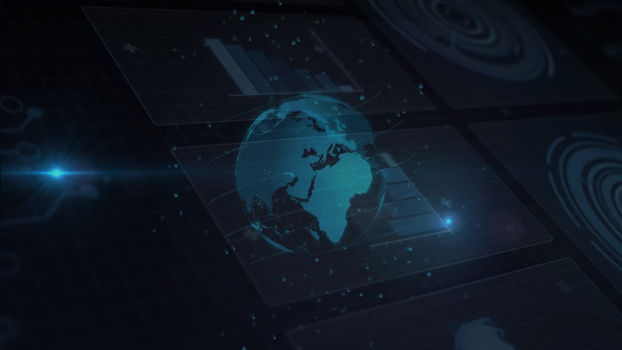 Animation of digital globe with data charts and network connections in interface
