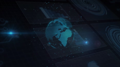 animation of digital globe with data charts and network connections in interface
