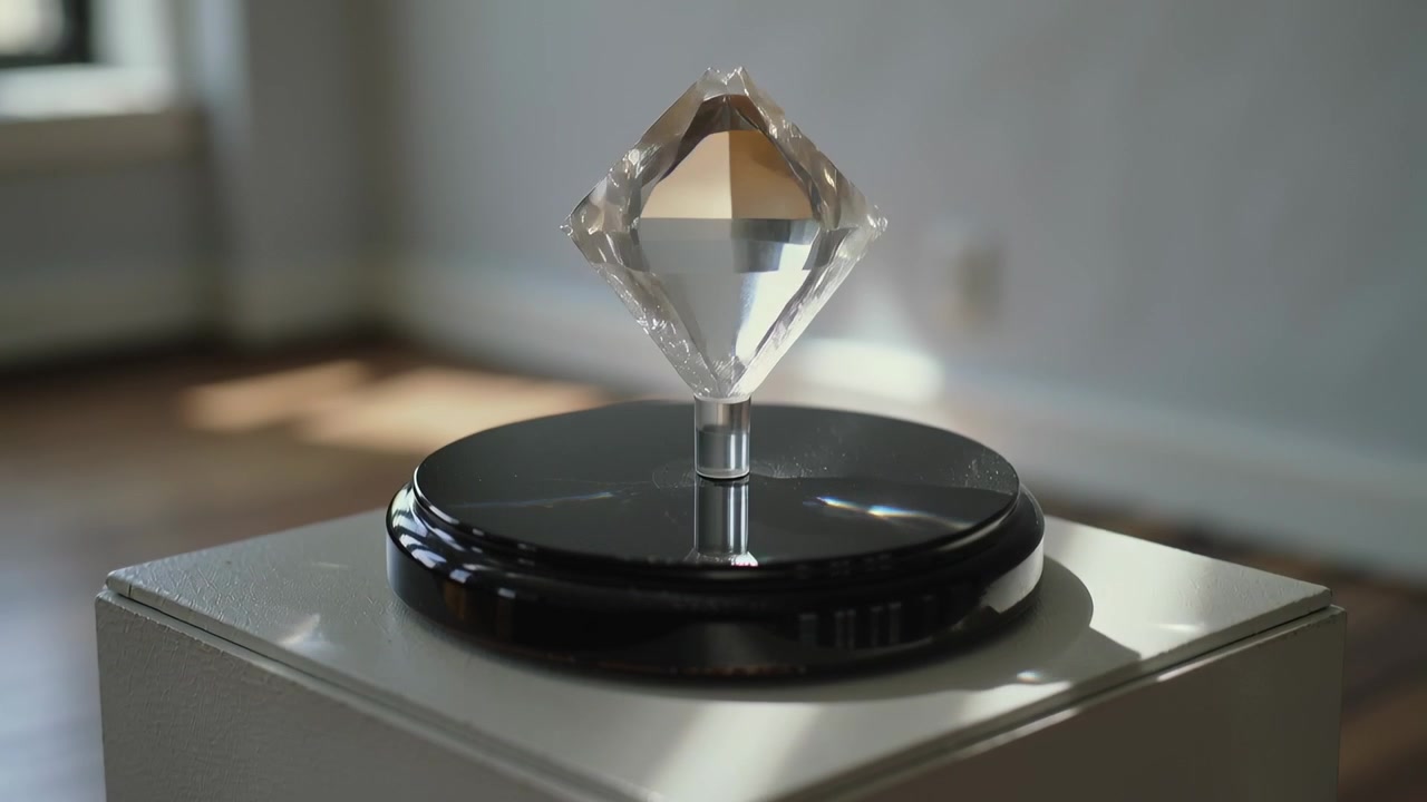 Magnetic base activating, hovering faceted prism rotating above base at home, refracting light