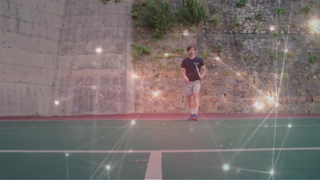 animación de la red de conexiones sobre el jugador de tenis masculino en la cancha de tenis