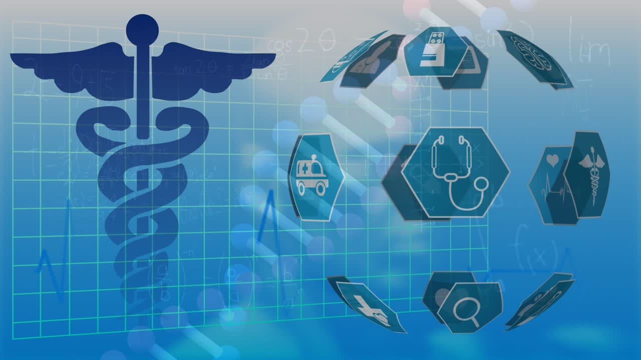 세계, dna 스트랜드 및 데이터 처리를 가진 의료 아이콘의 애니메이션