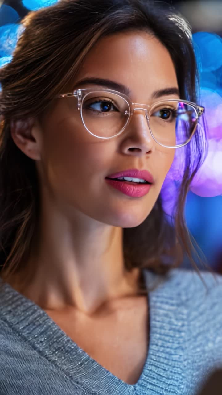 Captivating Moment: A Thoughtful Young Woman with Glasses Engaging with Paper Among Beautiful Blurry Bokeh Background of Soft Colorful Lights