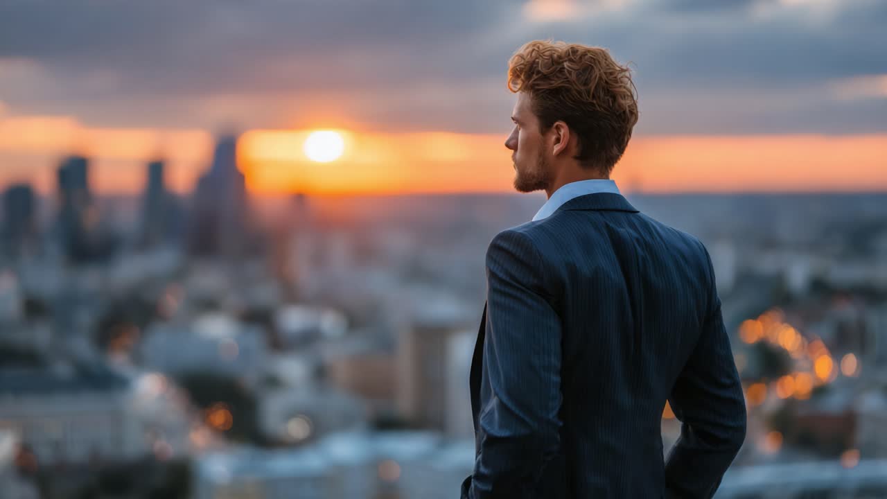 A Thoughtful Man in a Suit Gazes at a Stunning Sunset Over a Cityscape, Reflecting on Opportunities and Future Aspirations in a Vibrant Urban Environment