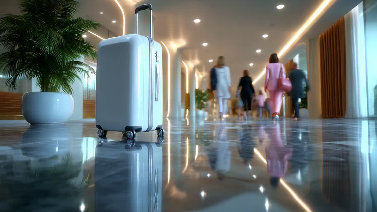A modern, sleek white suitcase sits prominently on a shiny floor in a stylish hallway, emphasizing travel elegance while blurred figures walk past, suggesting movement and purpose in this vibrant space