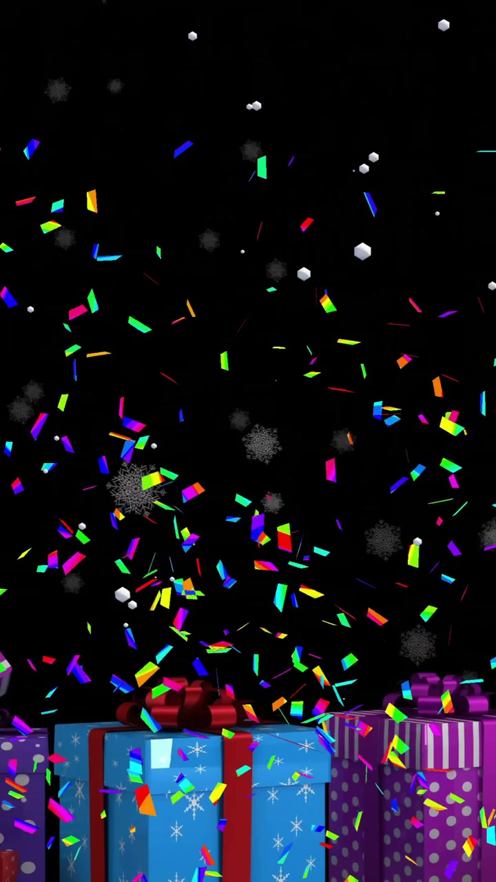 Animazione di coriandoli che cadono su regali di Natale con spazio per il testo.