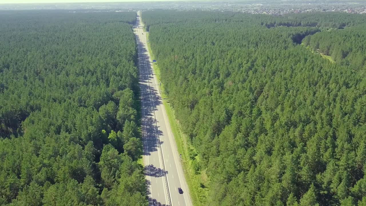 울창한 숲 속에 있는 고속도로 위에서 다시 날아가는 항공기