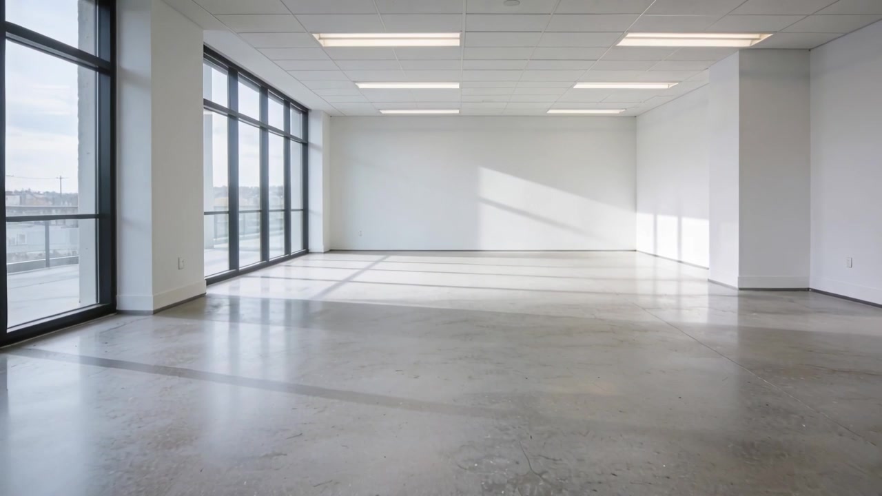 Cámara panorámica revelando un espacio comercial vacío en un piso superior para mostrar, con una pared de ventanas.