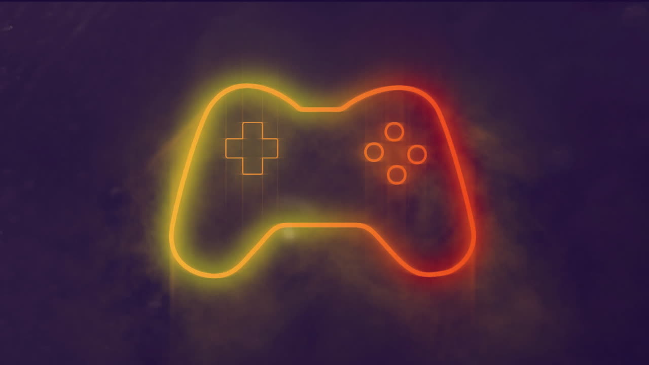 Animation of glowing neon video game pad moving over black background