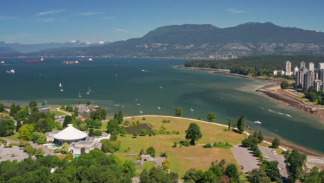 vanier park with museum of vancouver across false creek along english bay in downtown vancouver, bc canada